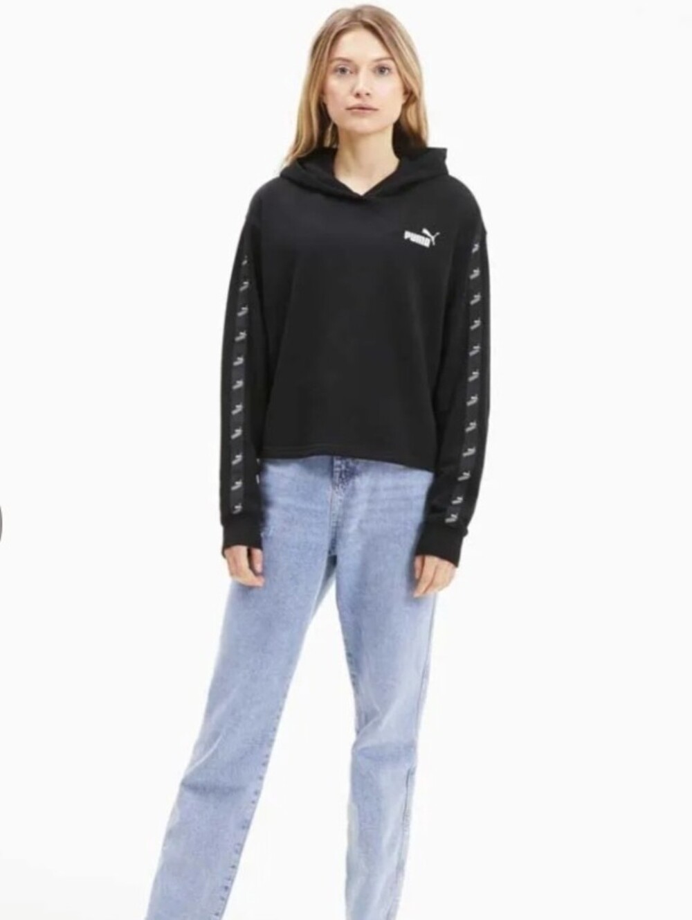 PUMA Amplified Cropped Logo Tape Hoodie Sweatshirt Women's Black Size XL Sporty